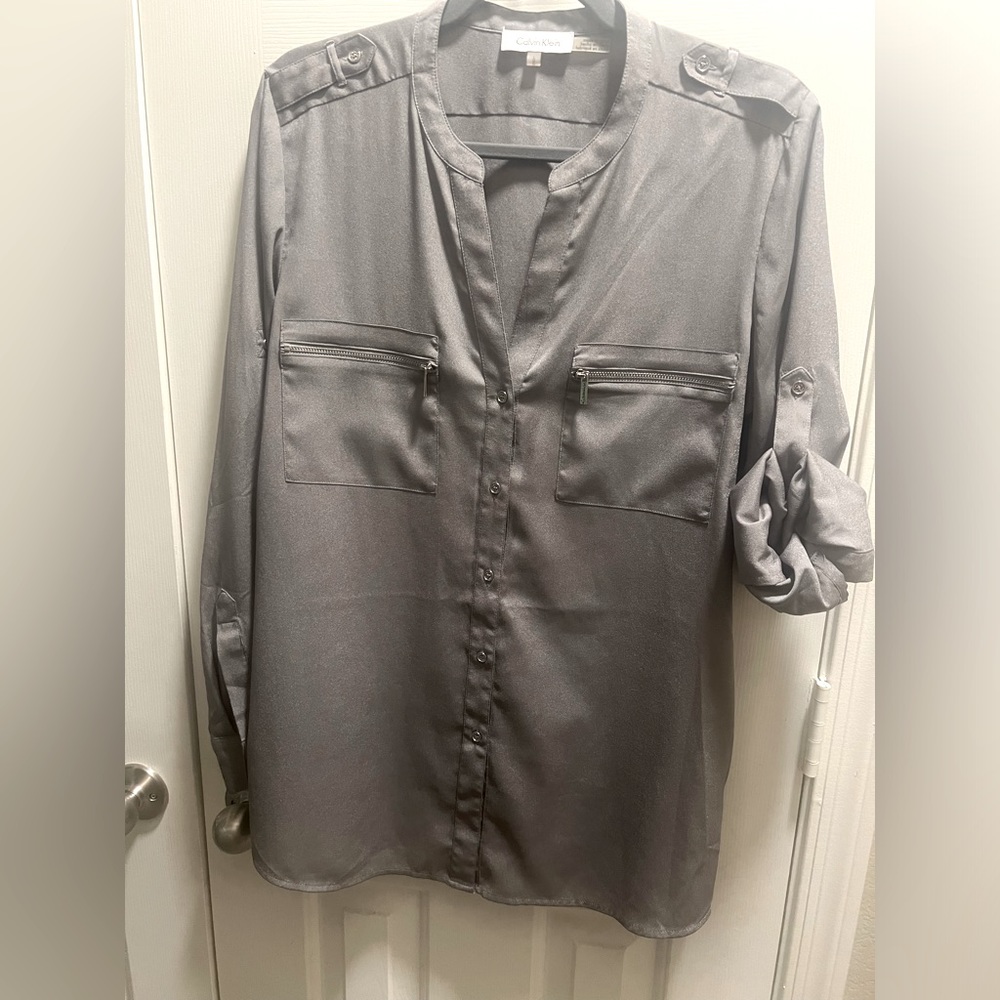 Calvin Klein silver blouse, size large. Sleeves can be rolled up or worn down.